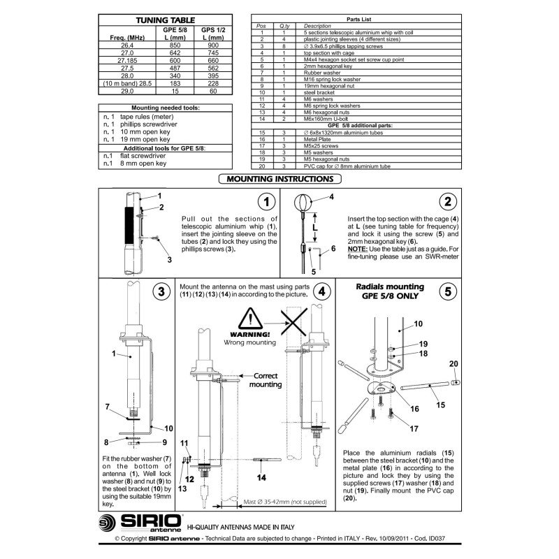 Sirio GPE 5/8 - Antenne CB fixe