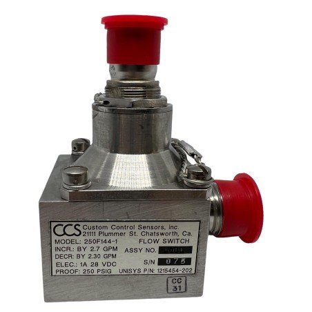 250F144-1 1215454-202 CCS Flow Switch 250PSIG 28V Incr:2.7GPM Decr:2.3GPM