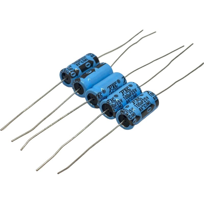 100uF 25V Axial Electrolytic Capacitor SA100M25V-816 8x16mm REC Qty:5